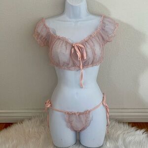 Pink Mesh Bralette Polka Dot Ruffle Set Thong Off the Shoulder